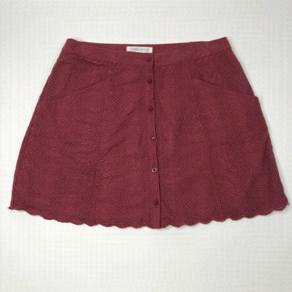 FOREVER 21 Ruby Dusty Rose Eyelet Lace Pocket Button-up Girly Flirty Mini Skirt